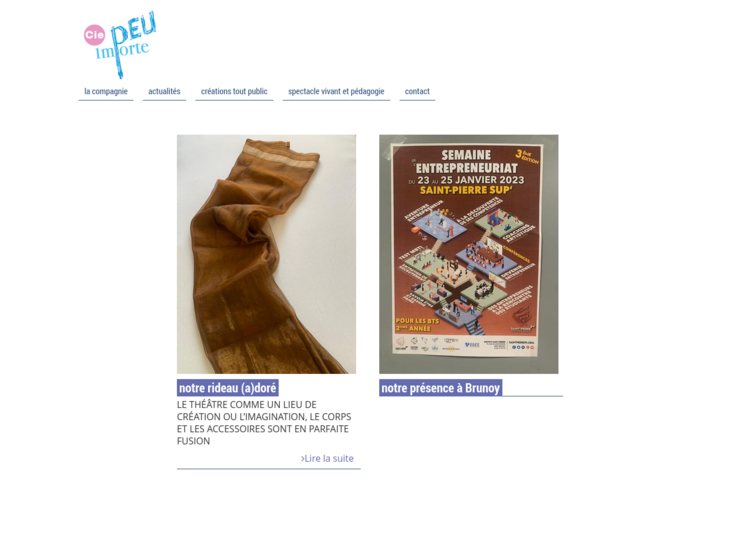Page accueil de l'interface publique du site de la compagnie Peu Importe